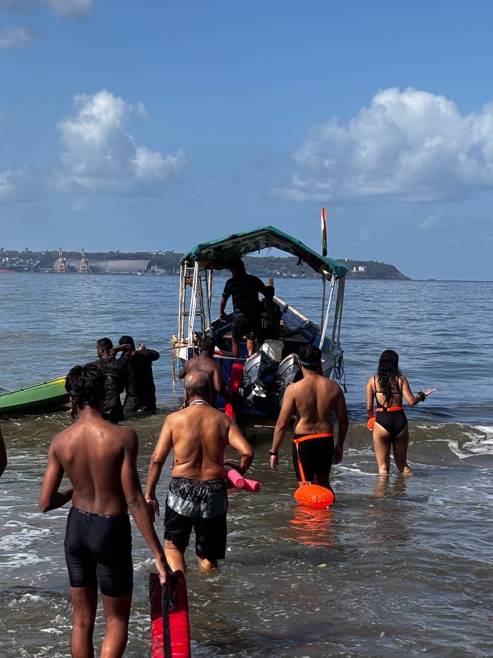 The group heading out to the safety boat